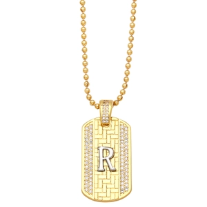 Detailed close-up of capital letter R pendant on bead chain with crystal border
