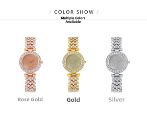Detailed view of rhinestone studded ladies watches in rose gold, gold, and silver finishes