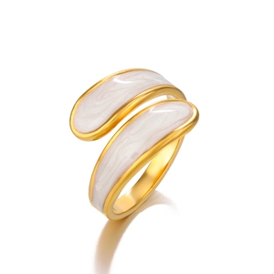 Retro 18K gold plated stainless steel open ring with black and white enamel finish