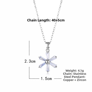 Detailed view of silver flower necklace with zircon stones and 40+5cm chain size