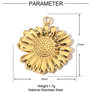 Macro detail of sunflower pendant showing 15mm by 17mm stainless steel dimensions