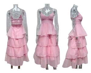 Detailed views of pink tiered ruffled evening dress with open back and slim fit design