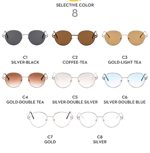 Detailed grid showing selective color options of round metal frame sunglasses from C1 to C8