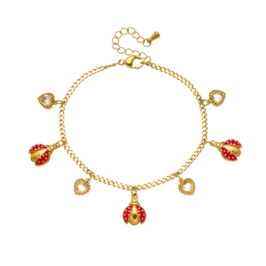 Creative gold ladybug and heart charm bracelet with sparkling red enamel and zircons