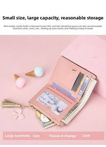 Pink mini bifold wallet with multi-card slots, tassel zipper, and clear ID window view