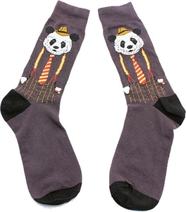 Detailed knit of crew socks featuring a retro cartoon panda with hat and tie on purple base