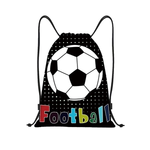 Polyester drawstring soccer backpack featuring a classic football print and lettering