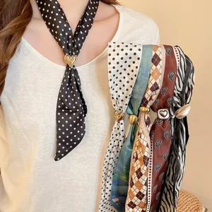 Retro Scarf Necklace For Women With Alloy Buckle Polka Dot Paisley Print Satin Fabric Elegant Choker Jewelry Accessory