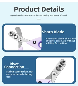 Close-up of semi-moon stainless steel blades and rivets on purple pet nail clippers