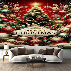 Detail of Christmas tree wall tapestry hanging over a white sofa in a cozy living room