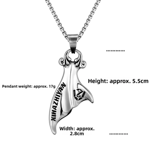 Macro detail of whale tail pendant showing 17g weight and 5.5cm height measurements