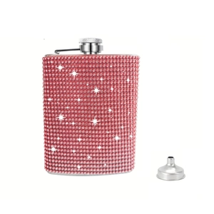 Pink rhinestone stainless steel hip flask set with funnel for outdoor travel and gift