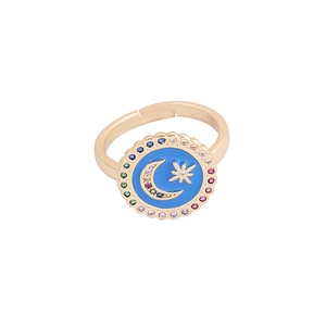Star and moon copper ring with gold plating, colorful zircons and blue enamel