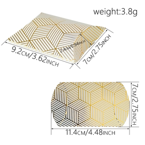 White and gold geometric pillow gift box with 3D assembly view and dimensions