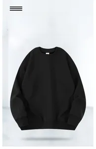 Close-up of tight ribbed neckline and drop shoulder seams on black cotton sweatshirt