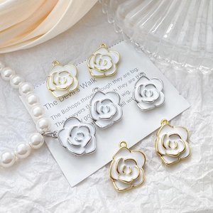 14k gold plated camellia flower pendant with white enamel for DIY jewelry making
