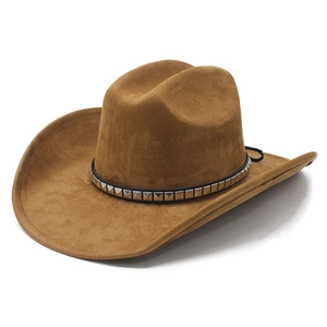 Classic brown faux suede cowboy hat with a studded leather band for men and women