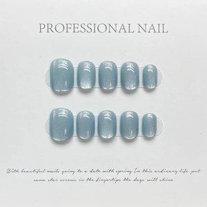Blue Cat Eye Press On Nails Laser Rainbow Shimmer Translucent Handmade Short Round False Nails