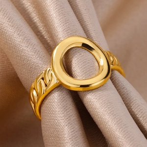 Detailed macro view of 18k gold plated ring with circular top and cuban chain texture