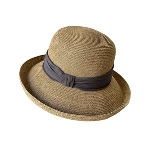 Elegant wide brim straw sun hat for women with dome crown and dark grey ribbon detail