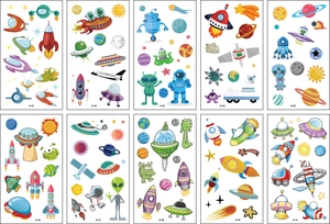 Space exploration theme kids tattoo stickers set featuring rockets and astronauts