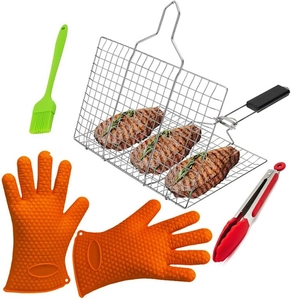 Complete outdoor BBQ tool set with steak grill basket, silicone gloves, and tongs