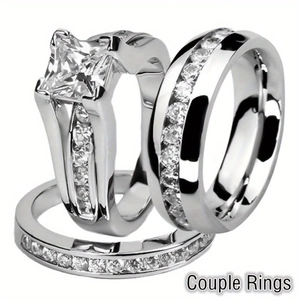Detailed macro view of silver alloy wedding ring set with princess cut zircon stones