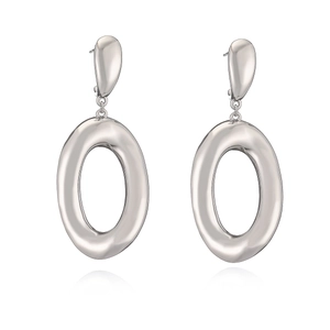 Minimalist silver geometric earrings with polished hollow oval drop on white background