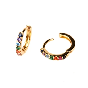 Close-up of 18K gold plated huggie earrings with a row of multi-colored zircon stones