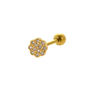 Detail of gold flower stud earring with clear crystals and spherical screw back
