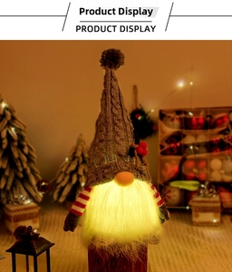 Close-up of a Christmas gnome with a glowing beard and a brown cable-knit hat