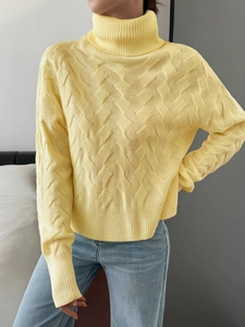 Women casual solid yellow turtleneck knitted sweater with textured weave and long sleeves