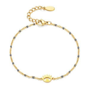 Close-up of golden stainless steel eye bracelet with grey enamel beads and lobster clasp