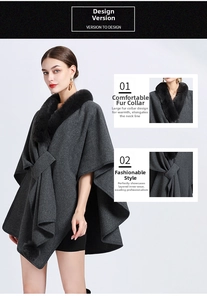 Detail of grey knitted cape featuring faux fur collar and bow fastening for women