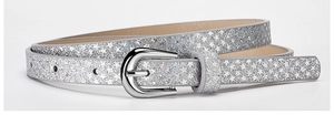 Detailed view of silver glitter belt with star pattern and metallic pin buckle