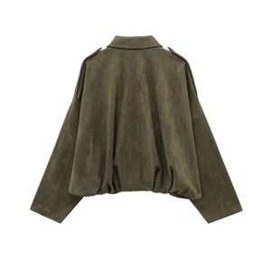 Detailed back view of an army green suede bomber jacket with drop shoulders and epaulets
