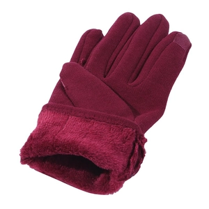 Detail of burgundy winter glove with thick faux fur lining and touchscreen fingertip
