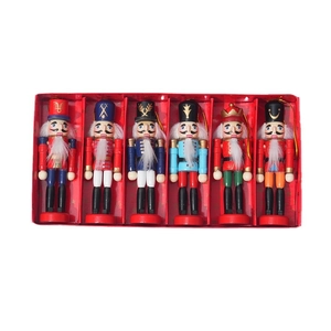 Set of 6 wooden Nutcracker soldier ornaments with gold cords in a red gift display box
