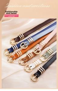 Detailed display of thin leather belts with round gold buckles in nine various colors