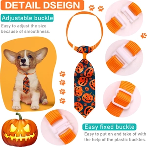 Detail view of adjustable Halloween pet necktie showing buckle mechanics and pumpkin pattern