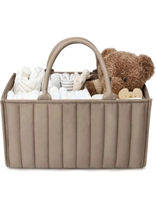 Quilted diaper tote bag in beige featuring spacious storage for baby essentials and toys