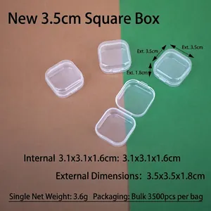 Macro detail of transparent plastic storage box with 3.5x3.5x1.8cm dimensions