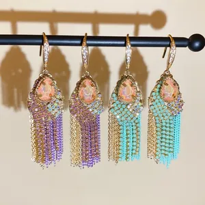Boho Tassel Drop Earrings Copper Zircon Water Drop Long Fringe Multi Layer Chain Ethnic Style Jewelry For Women