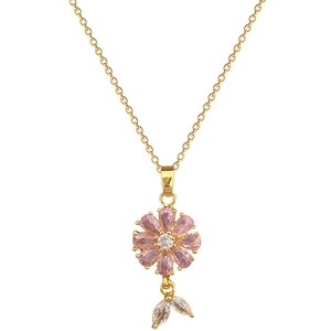Titanium steel jewelry set featuring a delicate golden flower necklace with pink crystals
