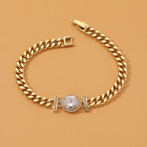 Luxury gold oval link chain bracelet with diamond zircon inlay and cuban style finish