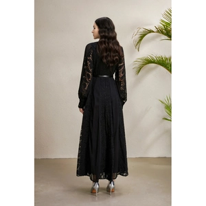 Elegant black lace long-sleeved A-line dress with leather waist belt and embroidery