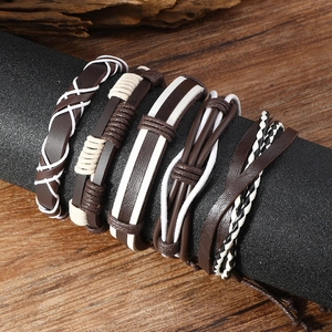 Vintage multi-layer woven leather bracelet set in dark brown for men's casual fashion