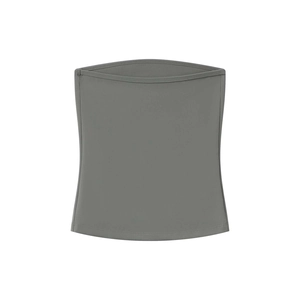 Detail of grey seamless tube top fabric texture and elastic hem stitching