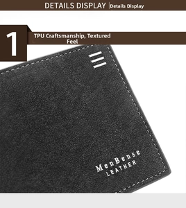 Detailed close-up of MenBense black leather wallet featuring TPU texture and stitching