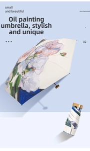 Mini flat foldable umbrella with Monet style purple floral oil painting and compact handle